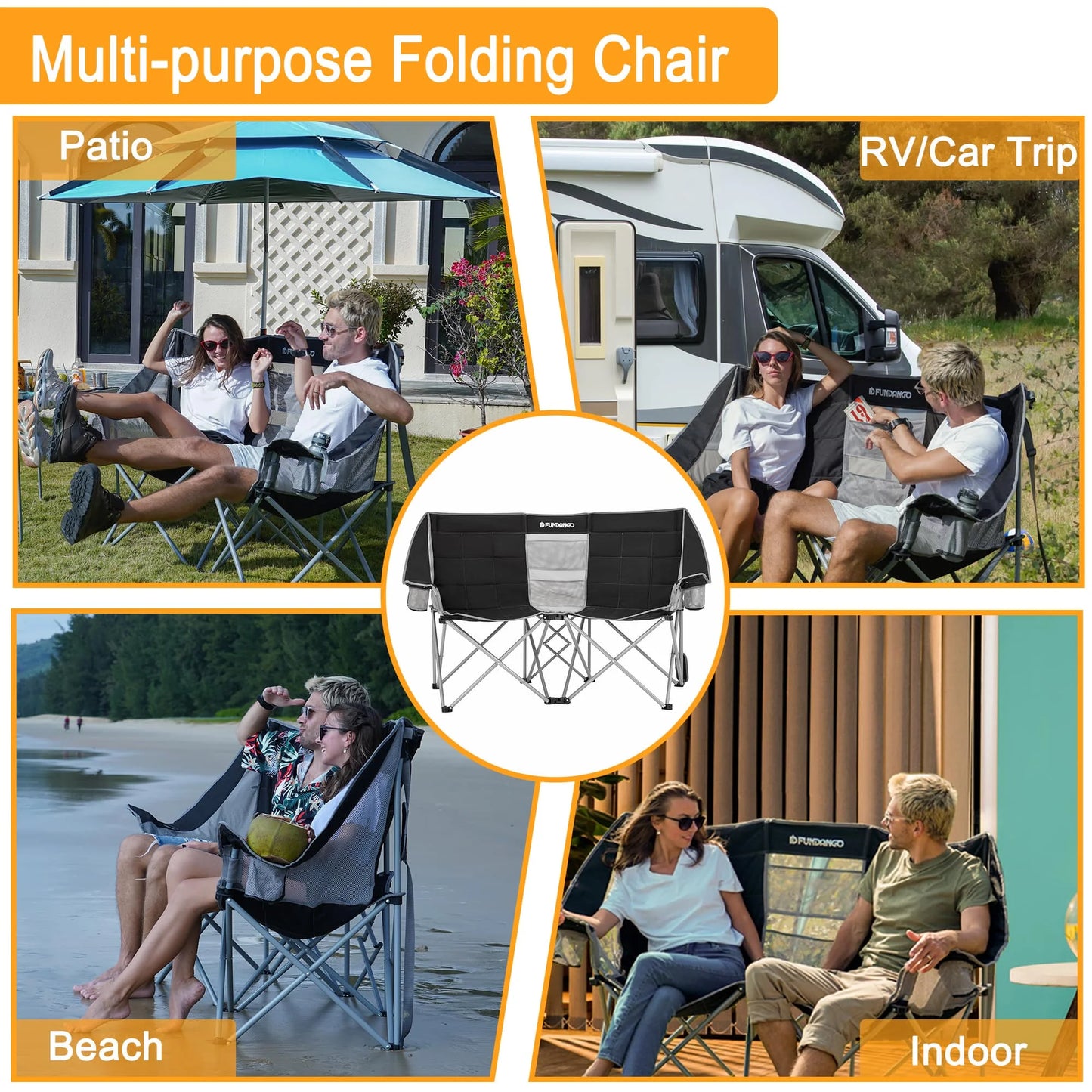 Loveseat Camping Chair Portable Double Chair for 2 Person Oversized Outdoor Folding Sofa Chair Support up to 440Lbs Black/Grey