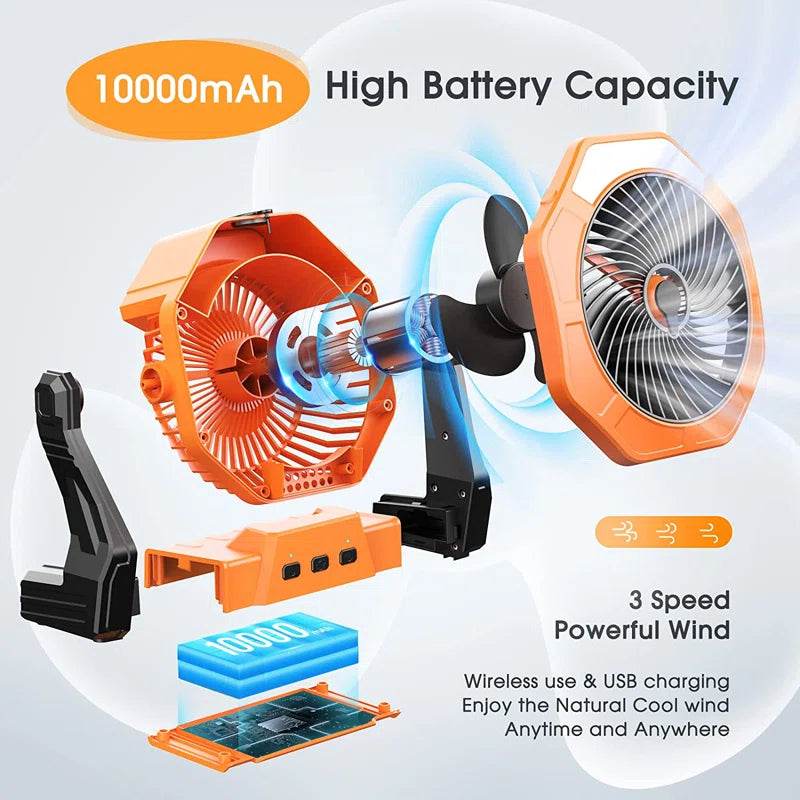 2023 Upgraded Misting Fan Camping Fan with LED Light & 250Ml Water Tank, 10000Mah Battery Operated Rechargeable Portable Fan, Outdoor Fan with Light Hook, USB Fan for Bedroom, Table, Travel, Office