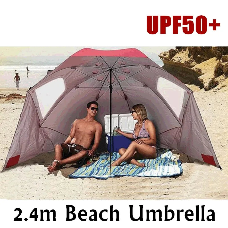 2.4M Large Beach Umbrella Tent Folding Waterproof Sun Protection Outdoor Camping Fishing Umbrella Beach Awning Parasol Rainproof