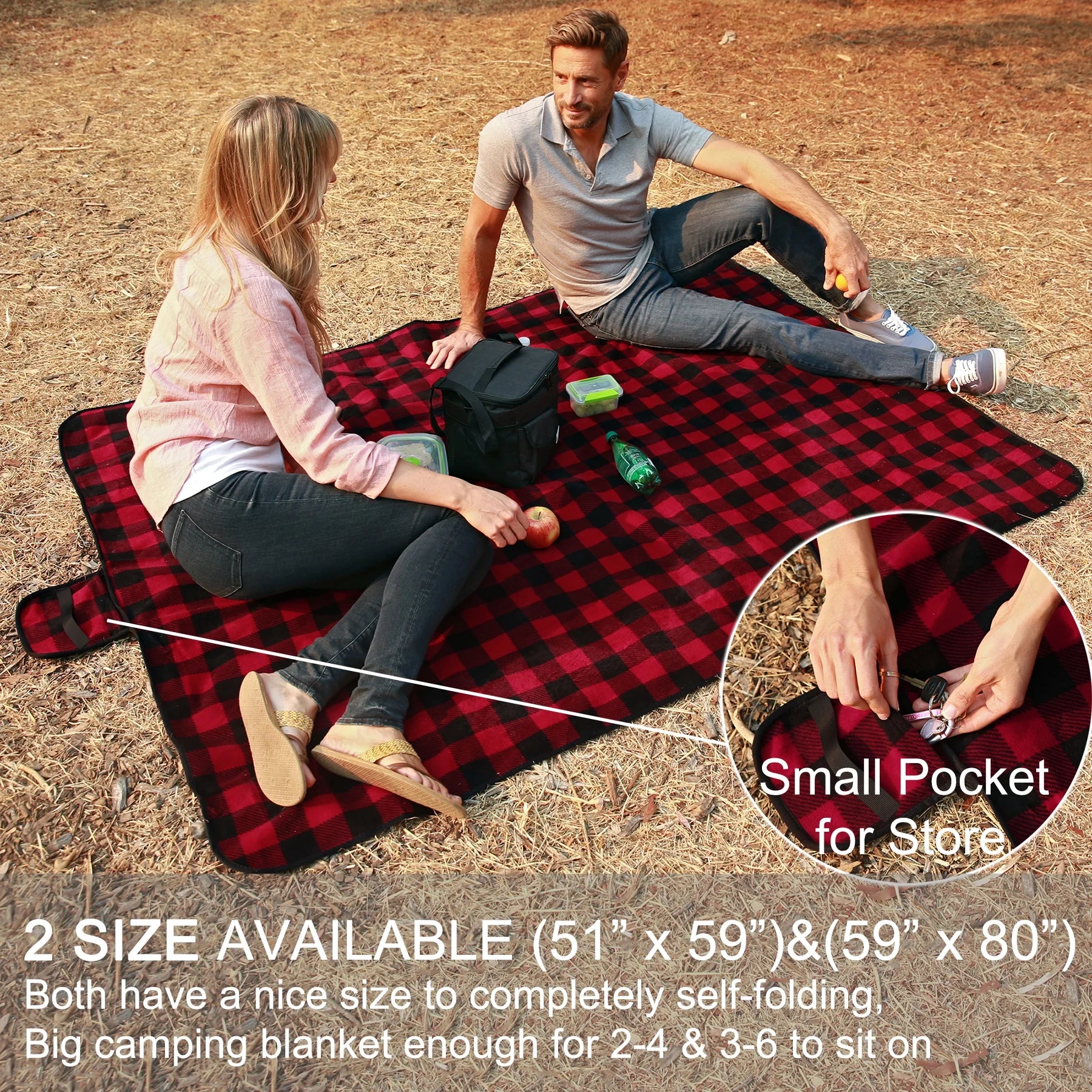 Waterproof Outdoor Blanket with Sherpa Lining, Windproof Triple Layers Warm Comfy Foldable for Camping Stadium, Sports, Picnic, Grass, Pet, Red Plaid No Sherpa(Fleece Only)51''X 59''