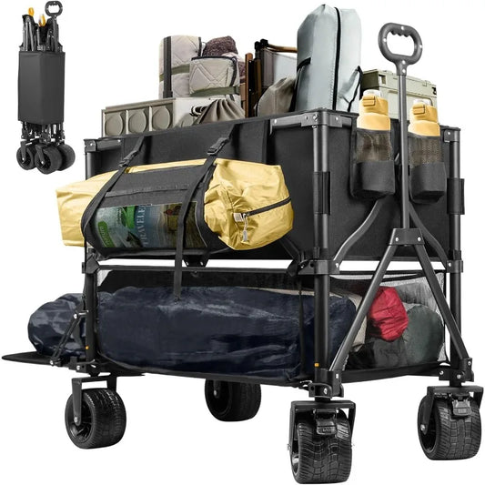 Double Decker Wagon 600Lb Capacity & 400L Collapsible Sports Wagon with Big Wheels for Sand