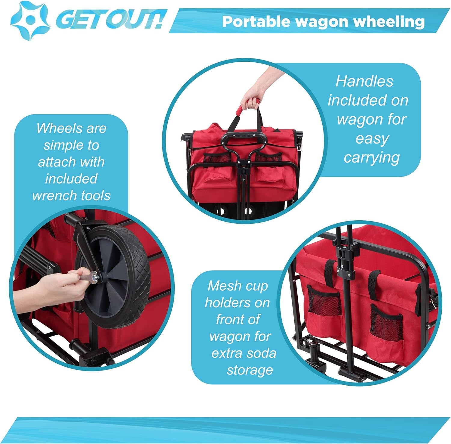 Wagons Carts Foldable Red - 220 Pound Max Heavy Duty Collapsible Folding Wagon Cart with Wheels - Utility Cloth Beach Wagon with Side Table for Garden, Sports, Groceries, Fishing, and Camping