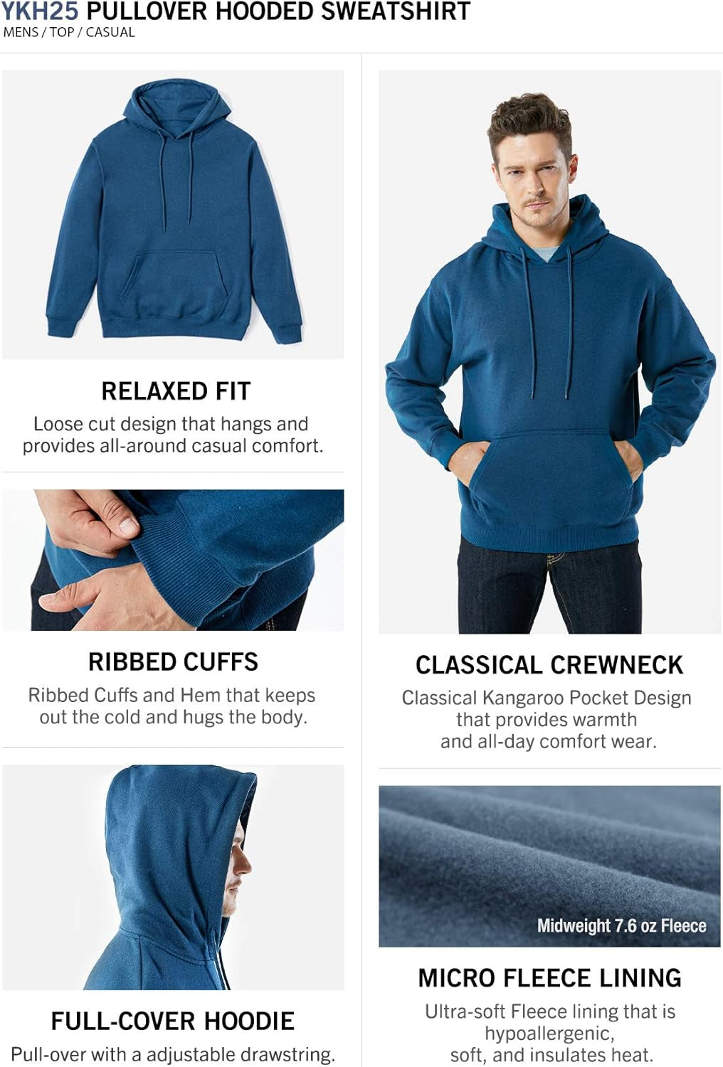 Men'S Fleece Pullover Hoodies, Thermal Warm Winter Hooded Sweatshirt, Sports Running Workout Hoodie