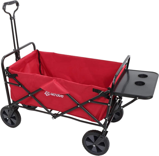 Wagons Carts Foldable Red - 220 Pound Max Heavy Duty Collapsible Folding Wagon Cart with Wheels - Utility Cloth Beach Wagon with Side Table for Garden, Sports, Groceries, Fishing, and Camping