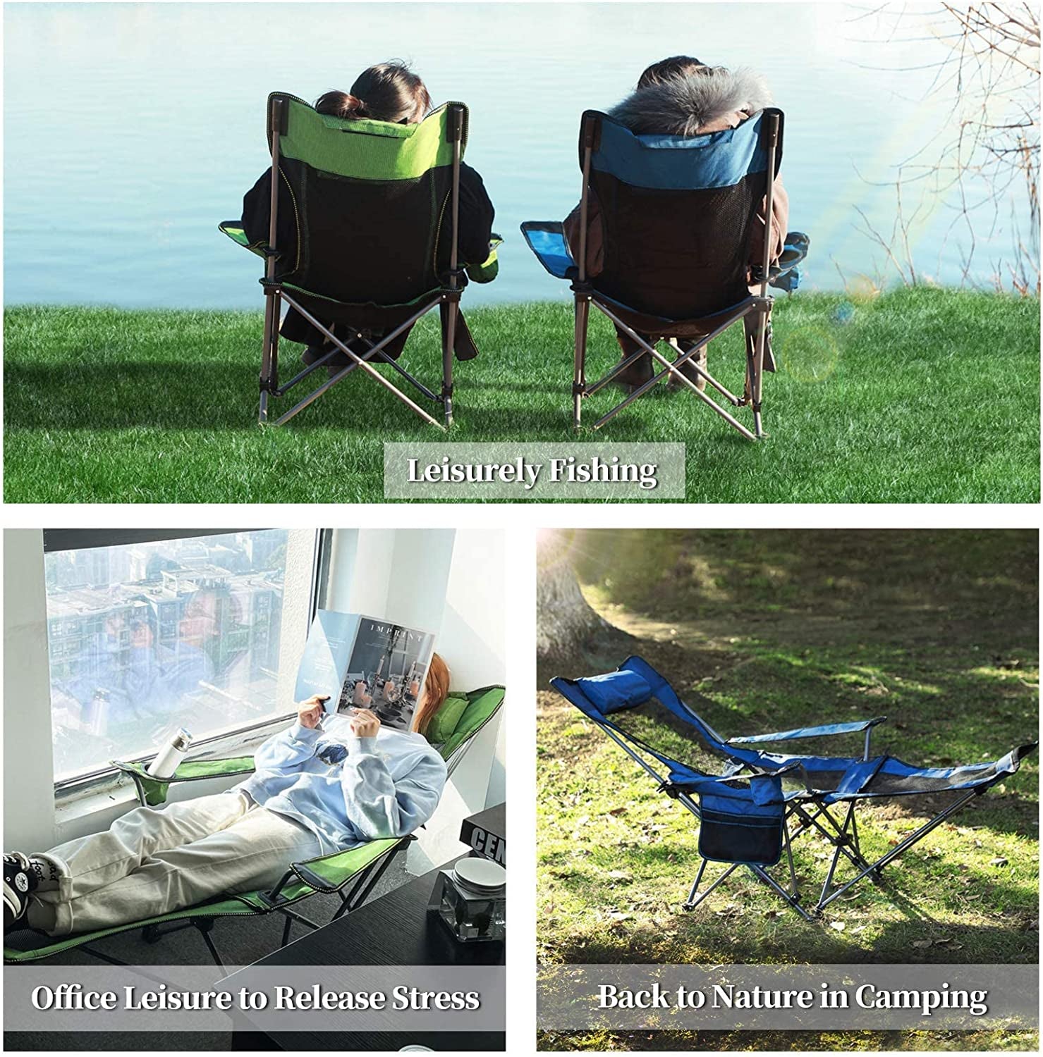 Camping Lounge Chair, Portable Reclining Camping Chair, Folding Camping Chair with Footrest,Headrest & Storage Bag,Mesh Recliner with Backpack, 330Lbs Weight Capacity