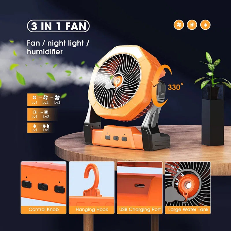 2023 Upgraded Misting Fan Camping Fan with LED Light & 250Ml Water Tank, 10000Mah Battery Operated Rechargeable Portable Fan, Outdoor Fan with Light Hook, USB Fan for Bedroom, Table, Travel, Office