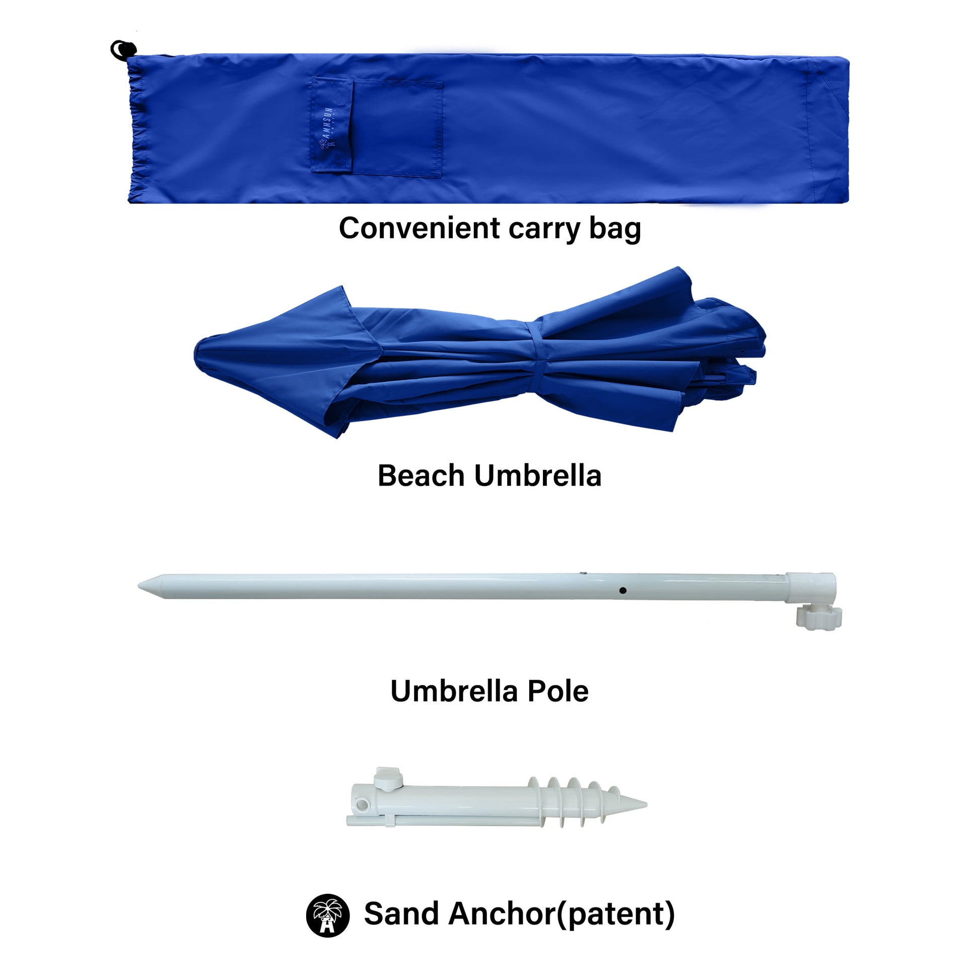 8Ft Commercial Heavy Duty Beach Umbrella with Sand Anchor UPF50+ without Tilt,Blue