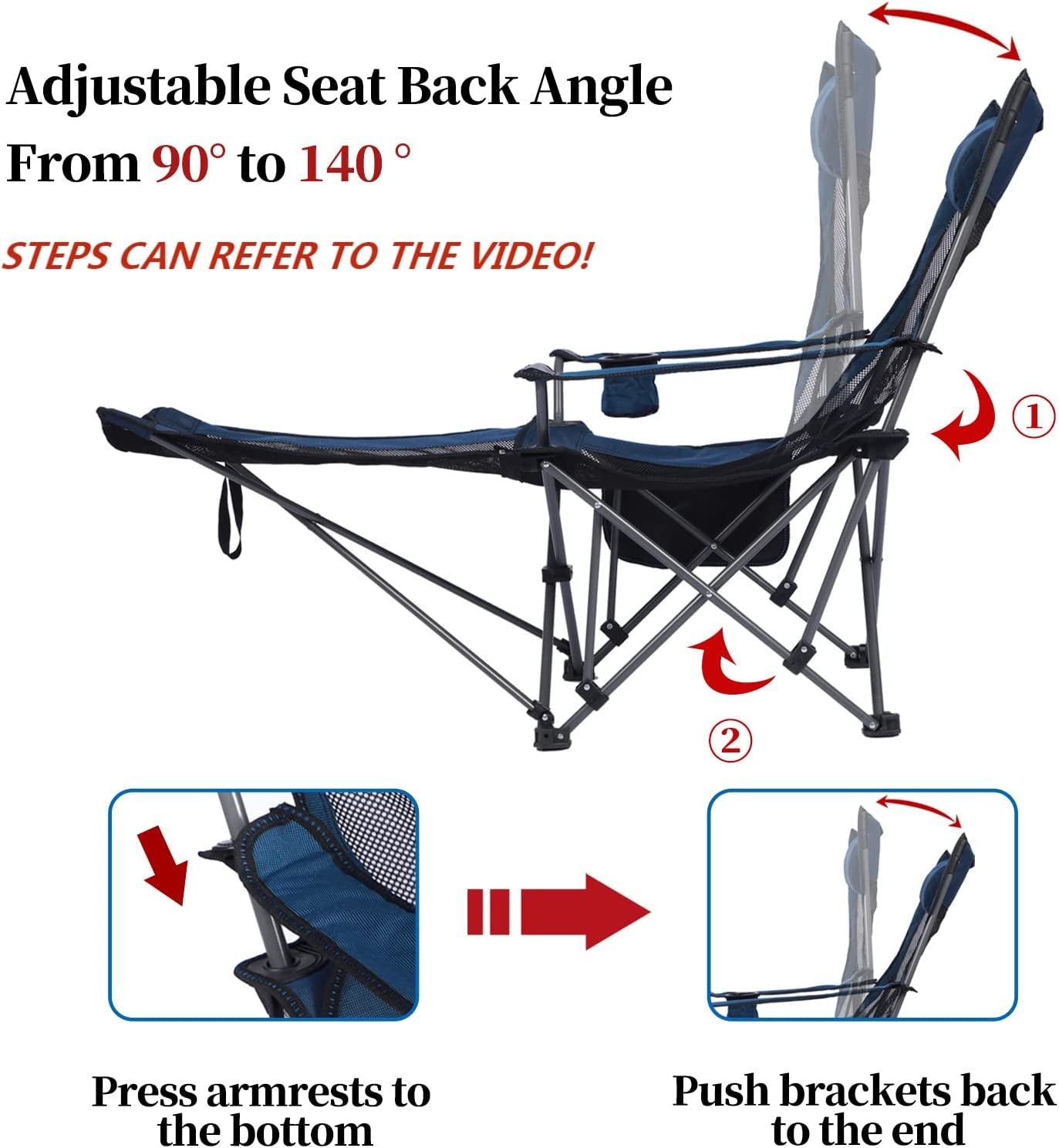 Camping Lounge Chair, Portable Reclining Camping Chair, Folding Camping Chair with Footrest,Headrest & Storage Bag,Mesh Recliner with Backpack, 330Lbs Weight Capacity