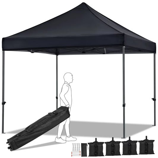 10X10Ft Outdoor Pop up Canopy Tent with Wheeled Carry Bag, Black