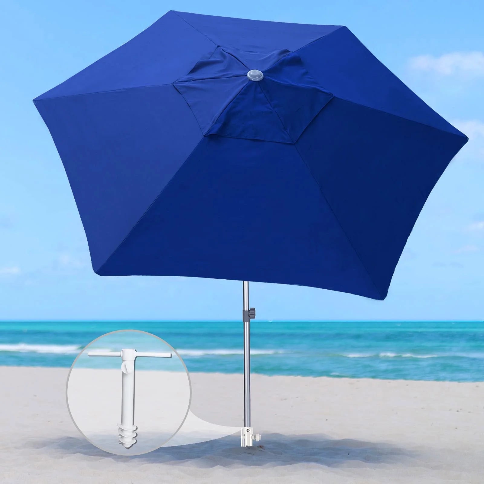 8Ft Commercial Heavy Duty Beach Umbrella with Sand Anchor UPF50+ without Tilt,Blue