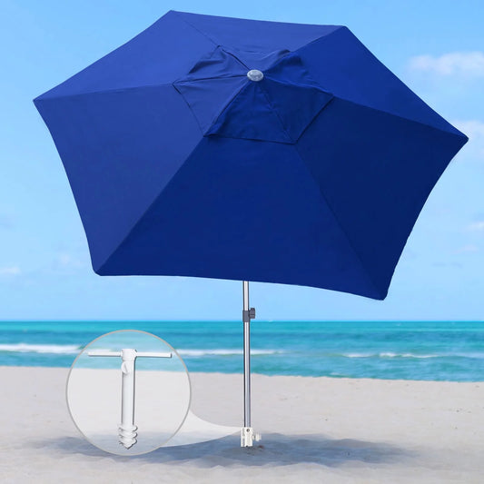 8Ft Commercial Heavy Duty Beach Umbrella with Sand Anchor UPF50+ without Tilt,Blue