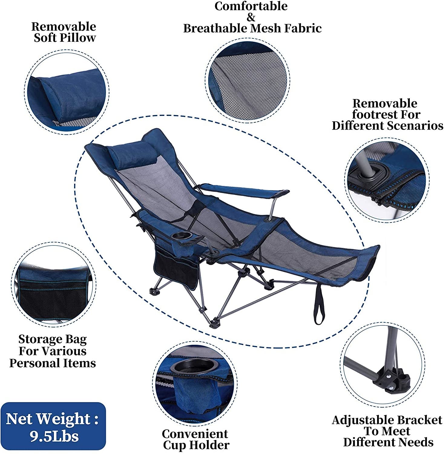 Camping Lounge Chair, Portable Reclining Camping Chair, Folding Camping Chair with Footrest,Headrest & Storage Bag,Mesh Recliner with Backpack, 330Lbs Weight Capacity