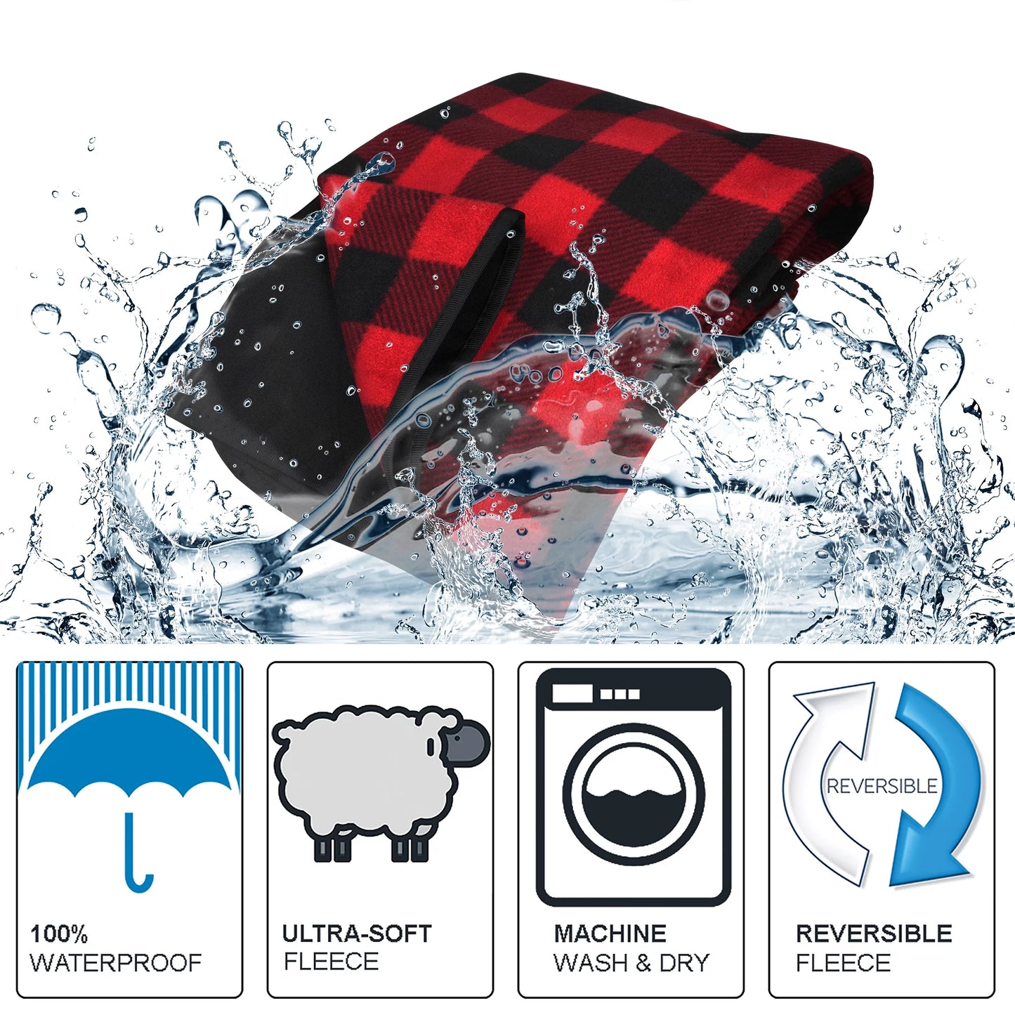 Waterproof Outdoor Blanket with Sherpa Lining, Windproof Triple Layers Warm Comfy Foldable for Camping Stadium, Sports, Picnic, Grass, Pet, Red Plaid No Sherpa(Fleece Only)51''X 59''