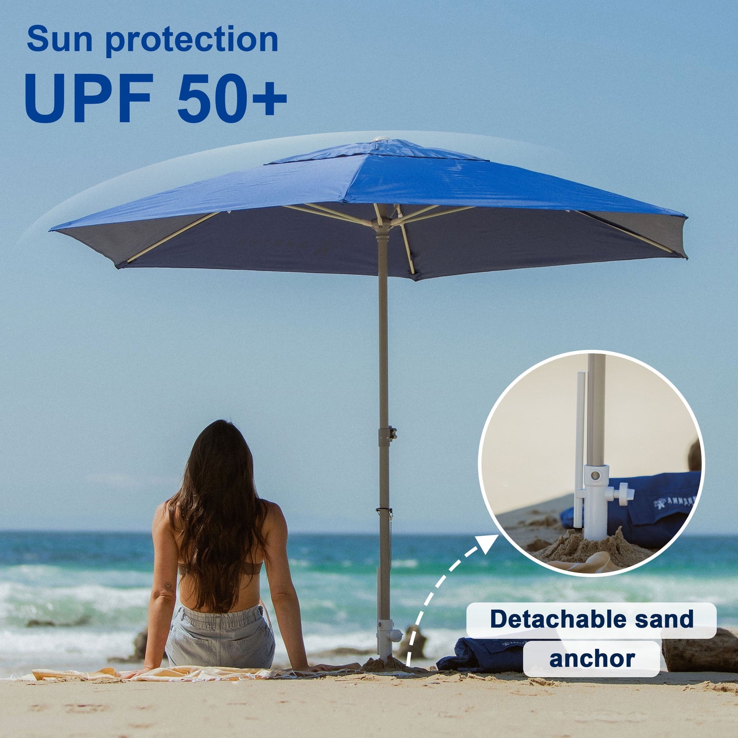 8Ft Commercial Heavy Duty Beach Umbrella with Sand Anchor UPF50+ without Tilt,Blue