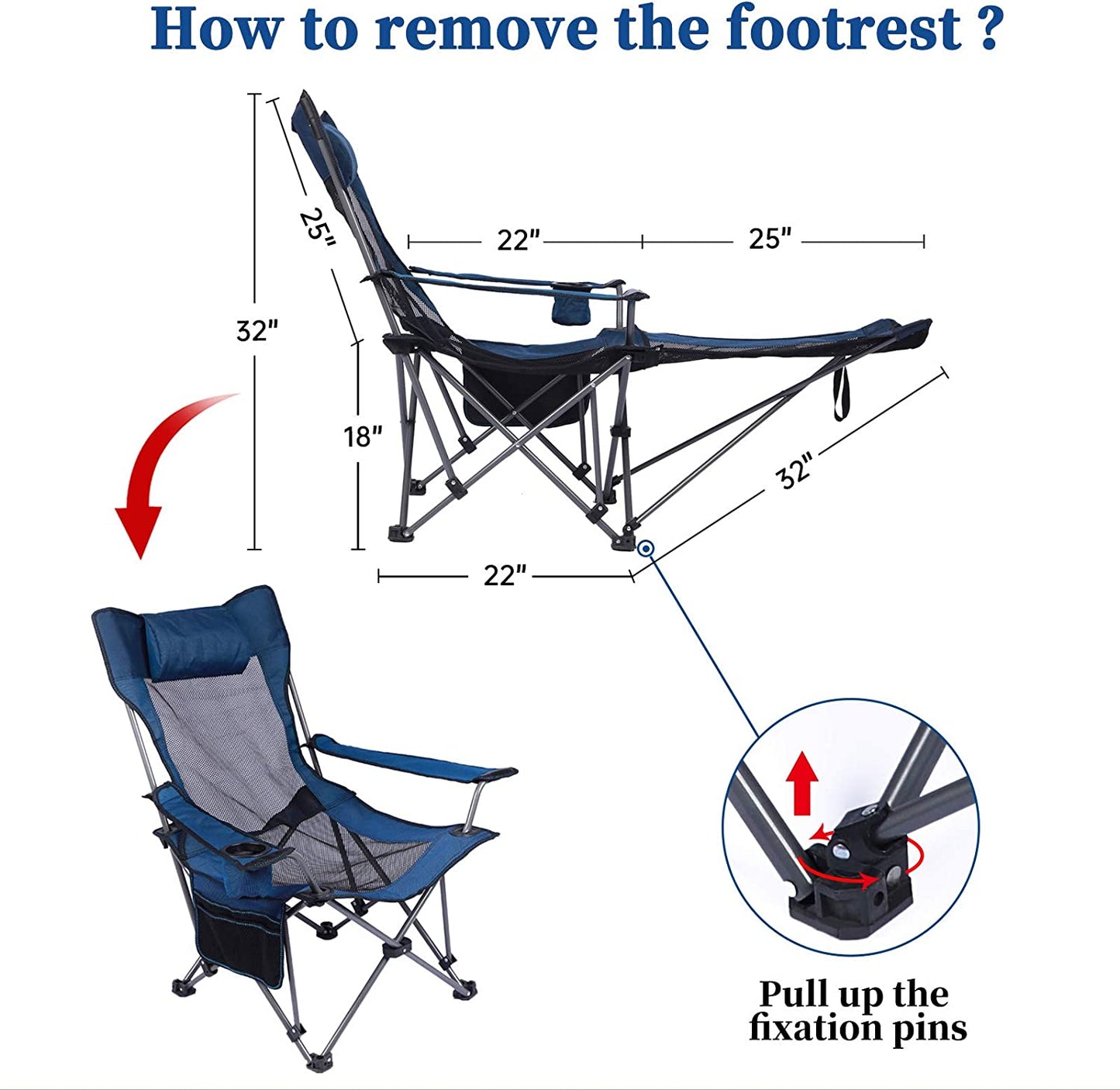 Camping Lounge Chair, Portable Reclining Camping Chair, Folding Camping Chair with Footrest,Headrest & Storage Bag,Mesh Recliner with Backpack, 330Lbs Weight Capacity