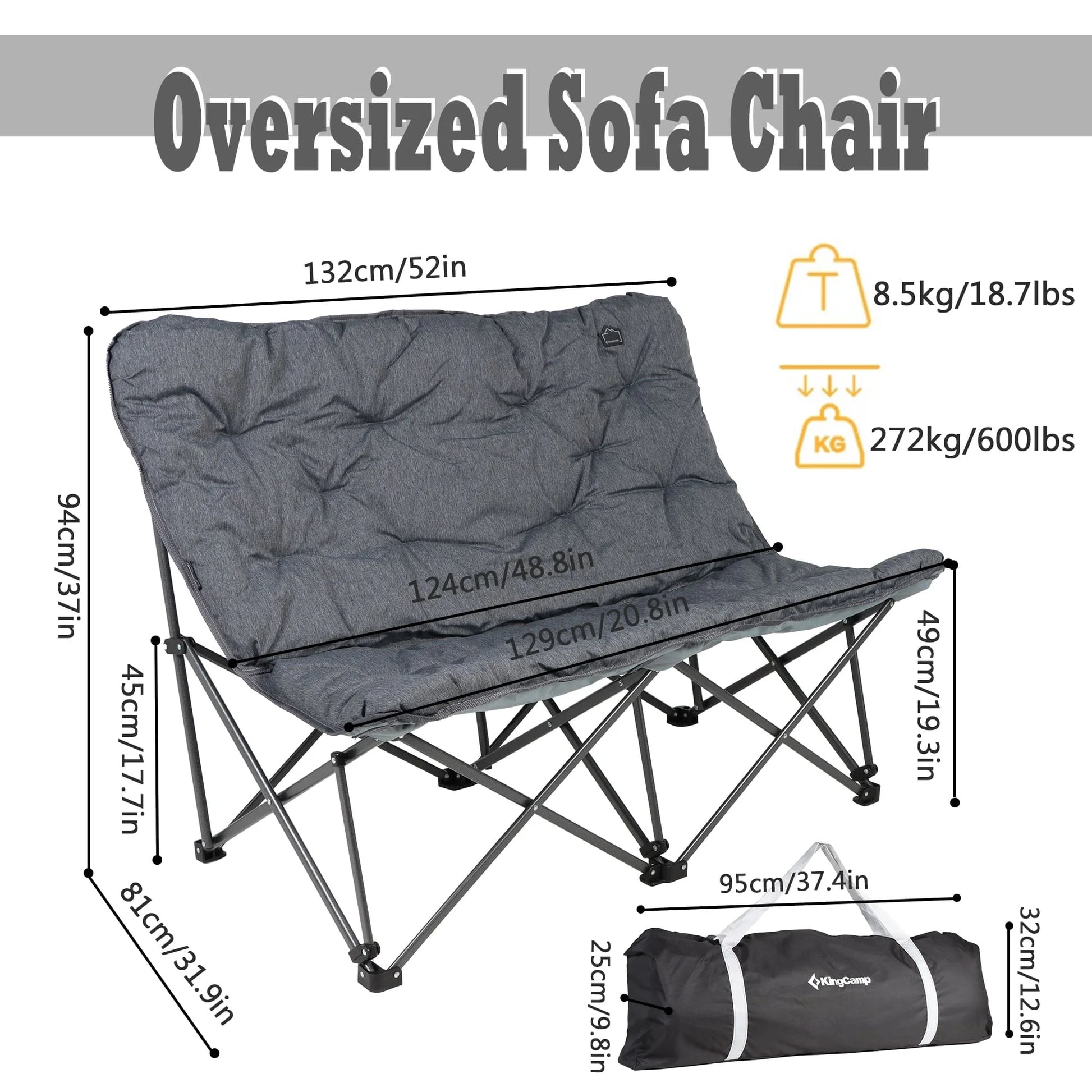 Double Camping Chair for Adult, Oversized Padded Loveseat Sofa, Folding Lawn Chair Support 600Lbs, Grey