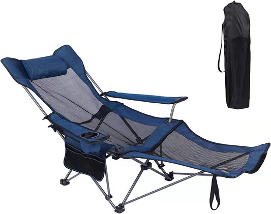 Camping Lounge Chair, Portable Reclining Camping Chair, Folding Camping Chair with Footrest,Headrest & Storage Bag,Mesh Recliner with Backpack, 330Lbs Weight Capacity