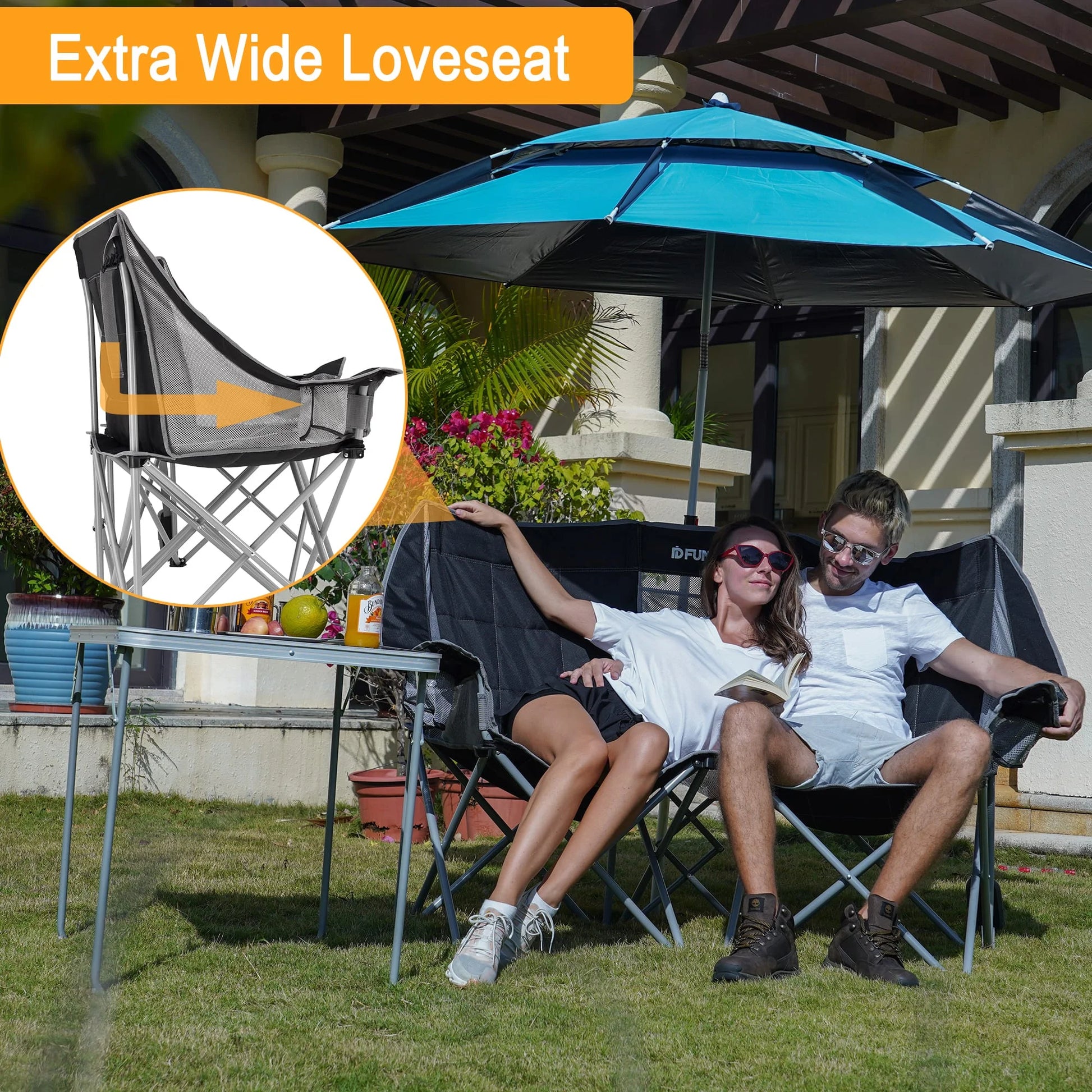 Loveseat Camping Chair Portable Double Chair for 2 Person Oversized Outdoor Folding Sofa Chair Support up to 440Lbs Black/Grey