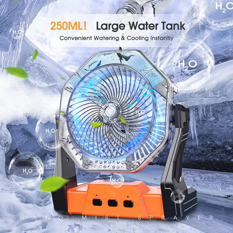 2023 Upgraded Misting Fan Camping Fan with LED Light & 250Ml Water Tank, 10000Mah Battery Operated Rechargeable Portable Fan, Outdoor Fan with Light Hook, USB Fan for Bedroom, Table, Travel, Office