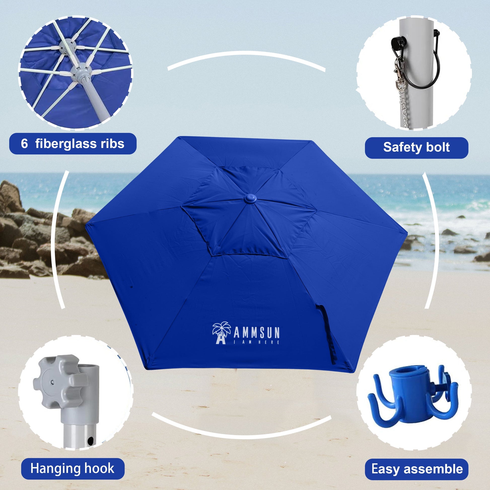 8Ft Commercial Heavy Duty Beach Umbrella with Sand Anchor UPF50+ without Tilt,Blue